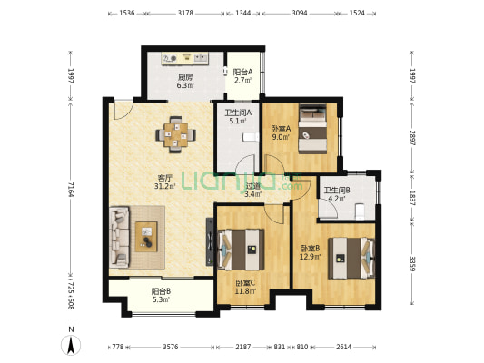 保利双水磨小区 3室1厅2卫 117平方