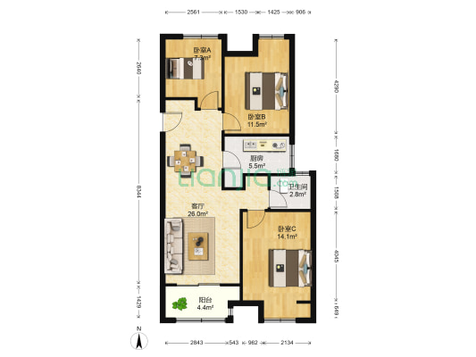 万科淮海天地五街区 3室1厅1卫 98平方