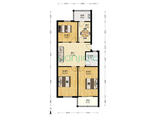 医学院宿舍 3室2厅1卫 93平方