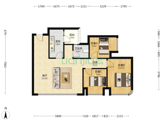 中海璟里 3室1厅1卫 87平方