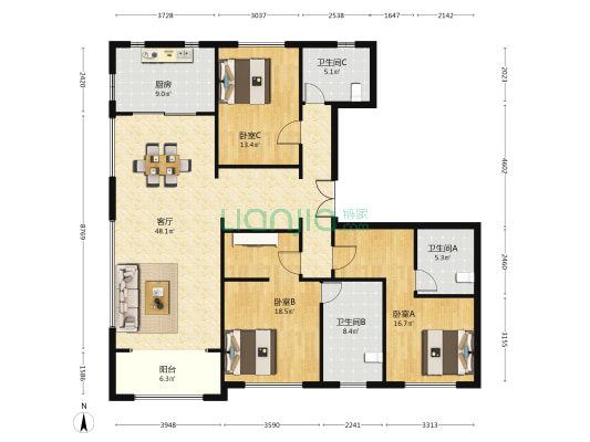 桃浦宝华紫薇花园 3室1厅3卫 172平方