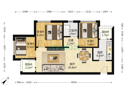 万科金域学府时光里 3室1厅1卫 70平方