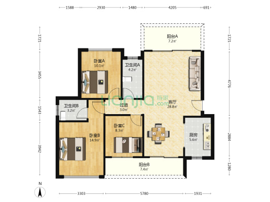 侨康名轩 3室1厅2卫 108平方