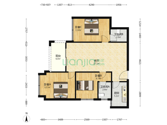 阳光天成 3室1厅2卫 99平方