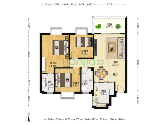 振宁现代鲁班南区 3室1厅2卫 90平方