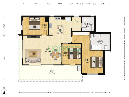 湖光山舍 3室1厅2卫 111平方
