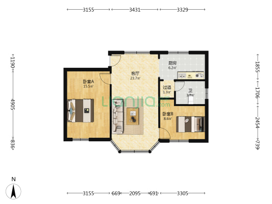 锦绣花园 2室1厅1卫 77平方