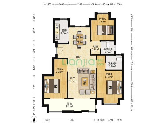 橙园 3室1厅2卫 105平方