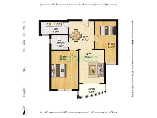锦美南华府 2室2厅1卫 98平方
