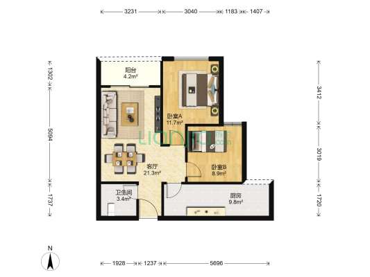 华城国际 2室1厅1卫 70平方
