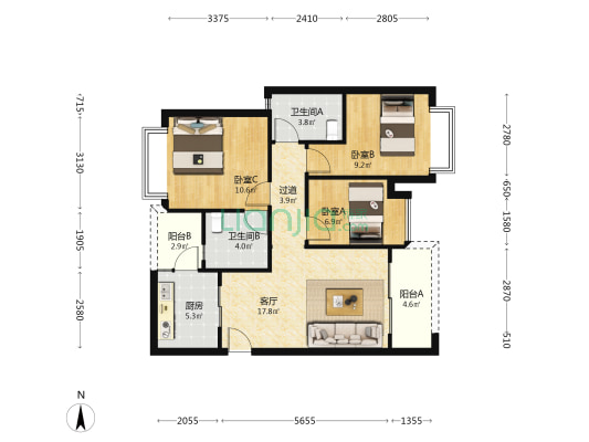 中新紫荆府 3室1厅2卫 98平方