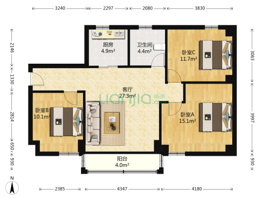 丹田广场 3室1厅1卫 116平方