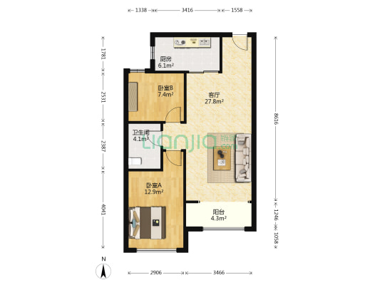 山河城三期 2室1厅1卫 87平方