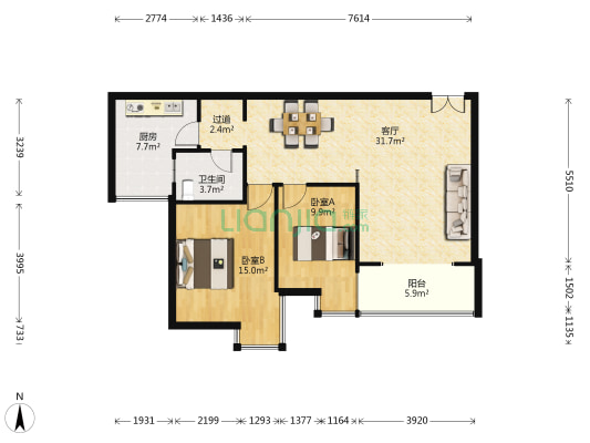 金地华园 2室1厅1卫 91平方