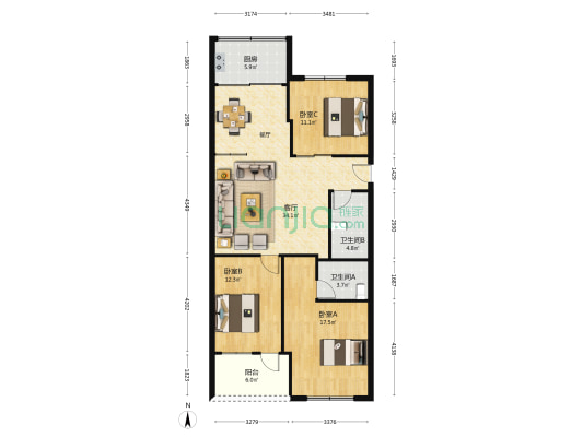 百凤花园 3室1厅2卫 106平方