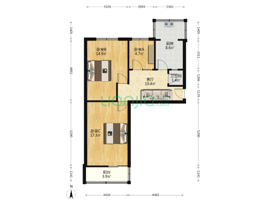安装公司宿舍 3室1厅1卫 72平方