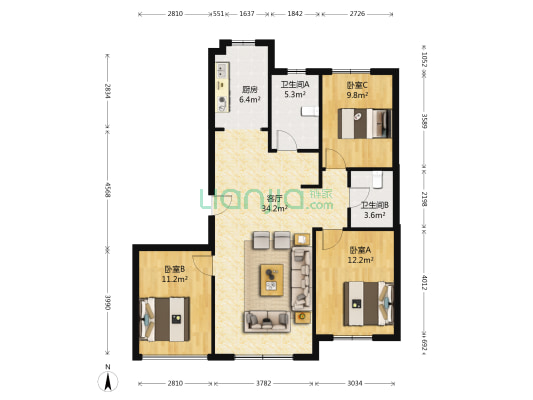 新星宇左邻小区 3室1厅2卫 100平方