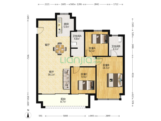 观淮府一期 3室1厅2卫 125平方