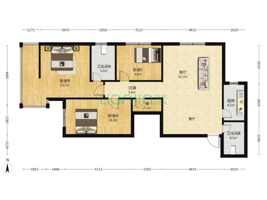 棕榈北环 3室1厅2卫 139平方