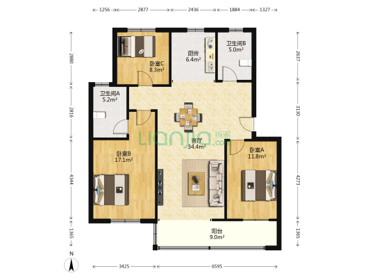 金澄花园二区 3室1厅2卫 115平方