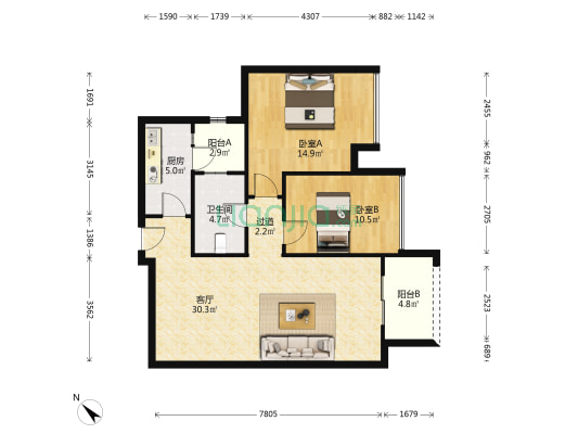 正规两居室 带露台  看小区中庭 居家安静 品质小区-户型图