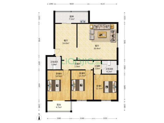 京铁温馨家园 3室2厅2卫 139平方
