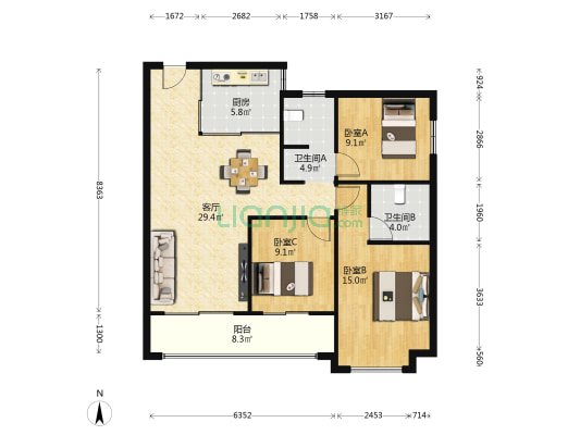 万科滨河道 3室1厅2卫 113平方