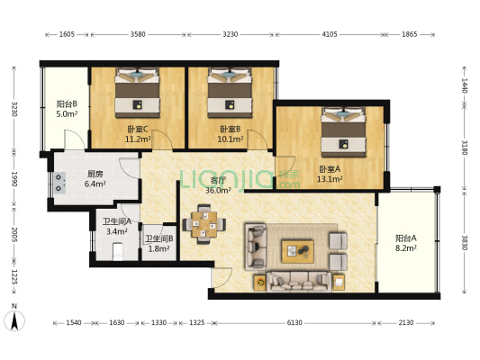 映电花园 3室1厅2卫 103平方