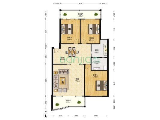 云丰花园 3室2厅1卫 137平方
