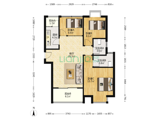 金领公寓 3室1厅2卫 88平方