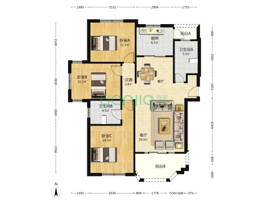 紫金东郡二期 3室1厅2卫 127平方