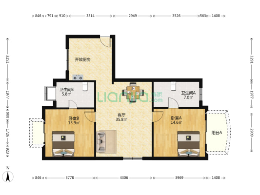 依湖园 2室1厅2卫 93平方