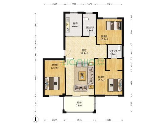 广悦公寓 3室1厅2卫 105平方