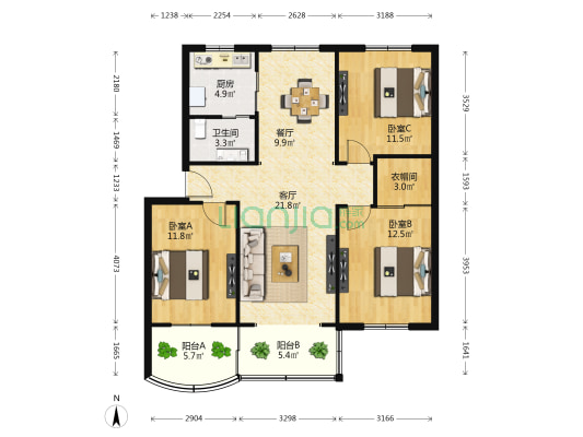 莲安南路 3室2厅1卫 105平方