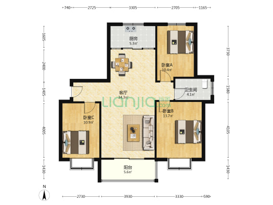 天中之星小区 3室1厅1卫 117平方