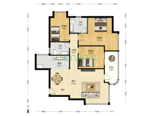 东方佳景 3室1厅2卫 123平方