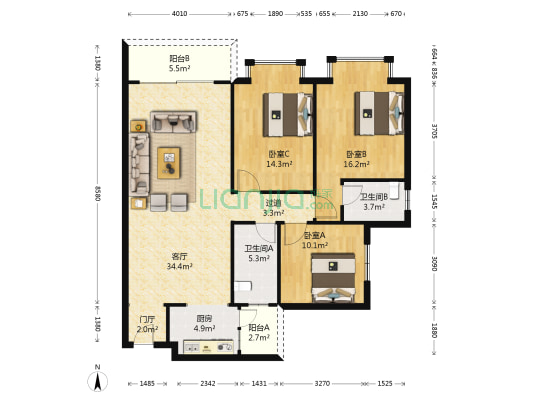 城市花园牡丹苑 3室1厅2卫 123平方
