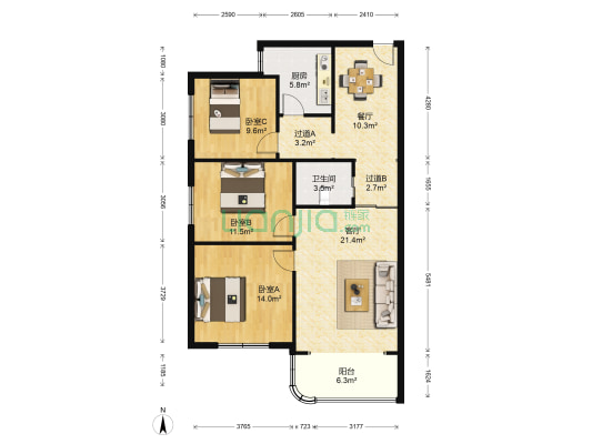 龙脊路153号 3室2厅1卫 104平方