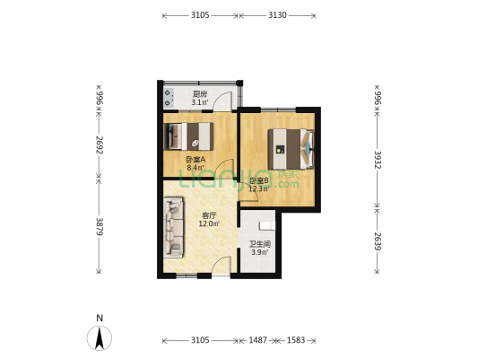 中原东路123号 2室1厅1卫 55平方