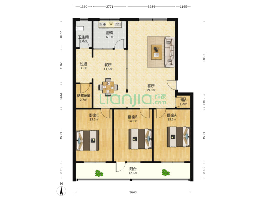 粮贸家属楼 3室2厅1卫 130平方
