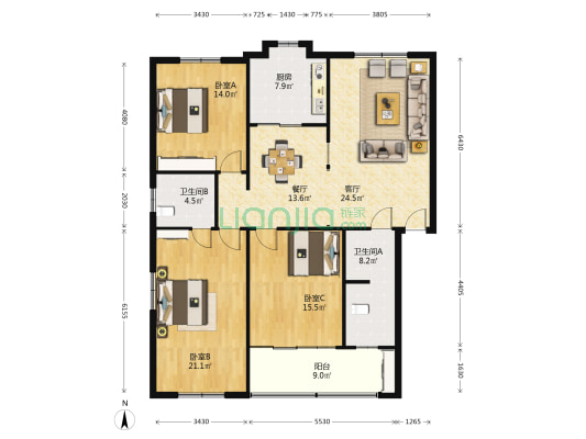 利民2公寓 3室2厅2卫 142平方