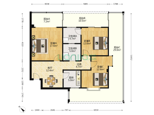 信都花园 3室1厅2卫 97平方
