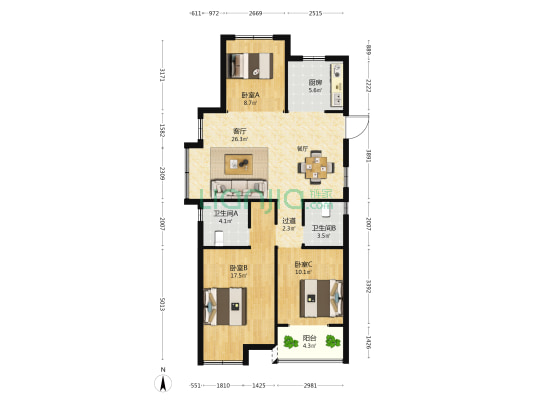 滨江君品美寓 3室1厅2卫 105平方