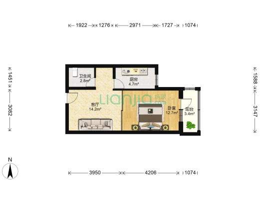 白云观 1室1厅1卫 52平方