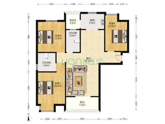 景江国际 3室1厅2卫 130平方