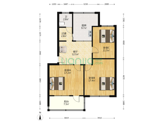 勘测研究院宿舍 3室1厅1卫 93平方