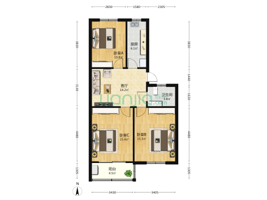 欣欣山庄 3室1厅1卫 84平方