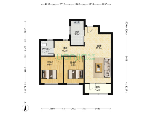 观澜文苑 2室1厅1卫 88平方