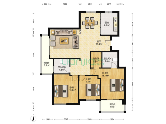 彩云苑 3室1厅2卫 133平方