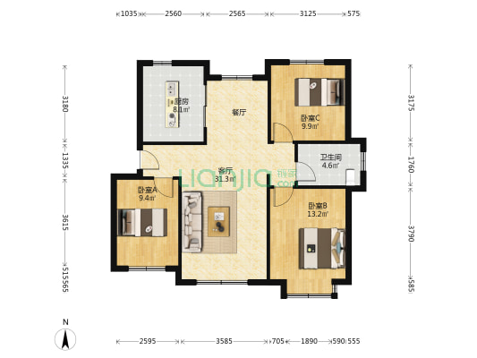 蝶恋吉园家园住宅小区 3室1厅1卫 101平方